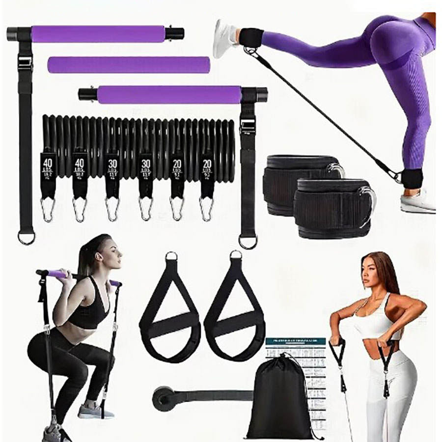 Home Gym Full Setup - 180ポンドの抵抗バンドと調節可能なピラティスバー付き、持ち運び可能なホームジムセット（全身強化＆ピラティスワークアウト用）
