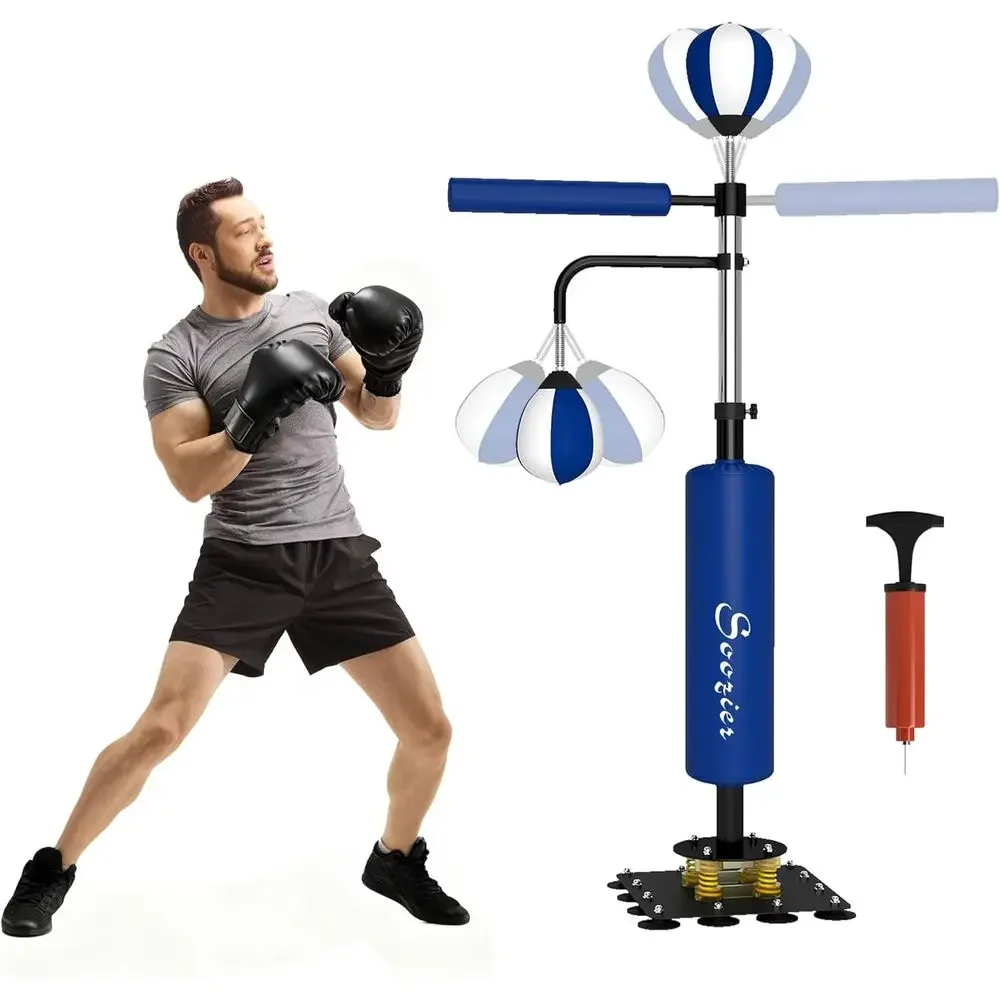 Speed Bag Boxing - 高さ調節可能なボクシングバッグスタンド（スピードバッグとリアクションバー付き）、吸盤と衝撃吸収システム付きトレーニング器具