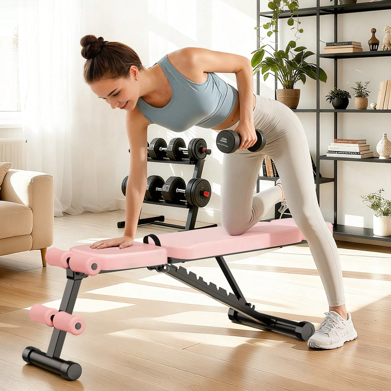 Home Gym Exercise - 9段階調整可能なウェイトベンチ 折りたたみ式 ホームジム 全身筋力トレーニング 800ポンド ピンク