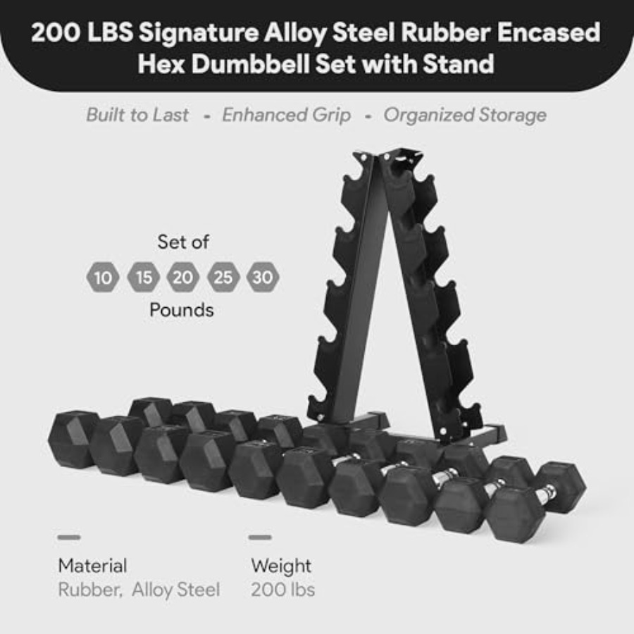 ラバーコーティング六角ダンベルセット、Aフレームラック付き、 - Home Gym Body Solid のレビューと価格