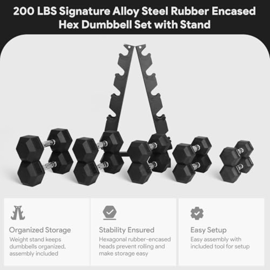 ラバーコーティング六角ダンベルセット、Aフレームラック付き、 - Home Gym Body Solid のレビューと価格
